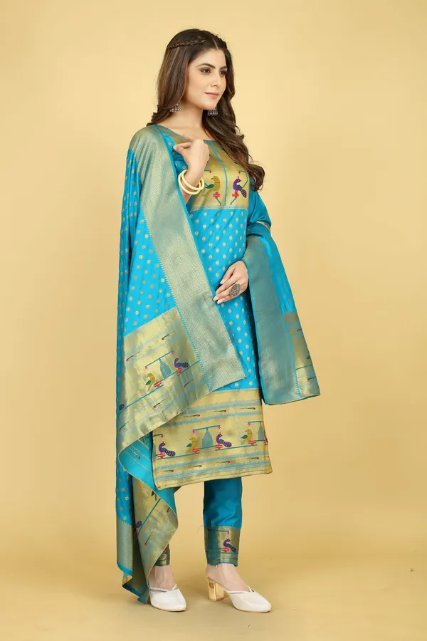 Firozi_Colour_Paithani_Suit_Unstitched_Fabric_With_Dupatta